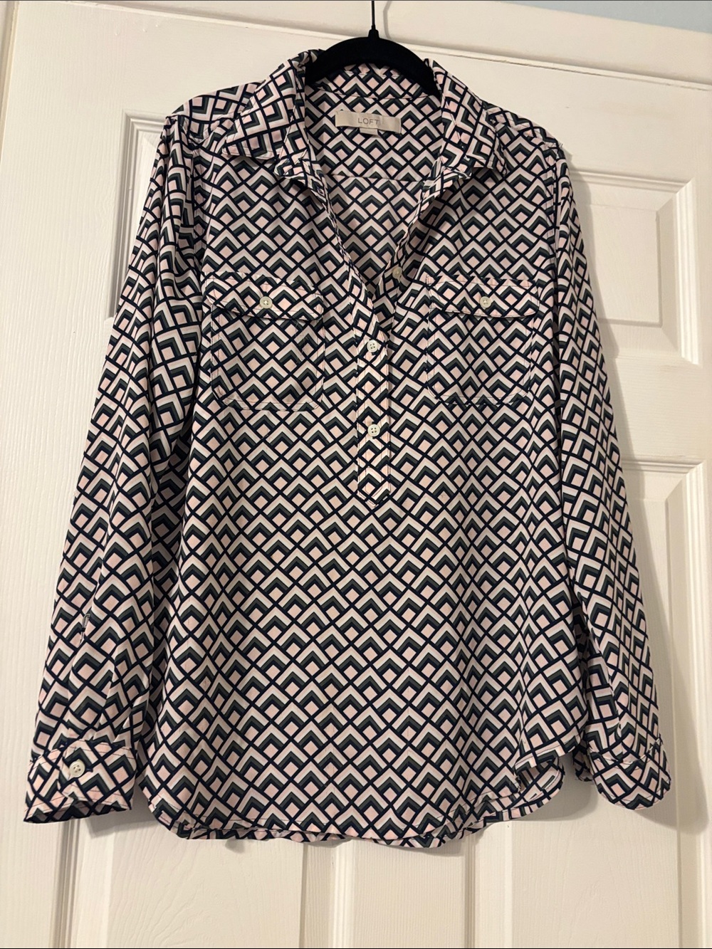 LOFT Pink and Navy Geometric Long-Sleeve Shirt